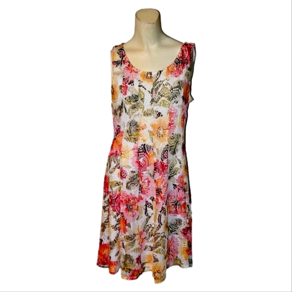 Perceptions Sleeveless Pink Yellow Orange Green Floral White Summer Dress 10